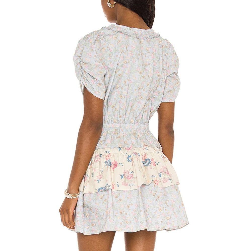 LoveShackFancy Pastel Floral Tiered Mini Dress in Light Blue and Cream - Picture 4 of 9